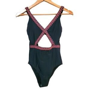 Xhilaration Swimsuit Womens Size XSmall Black Embroidered One Piece Adjustable B